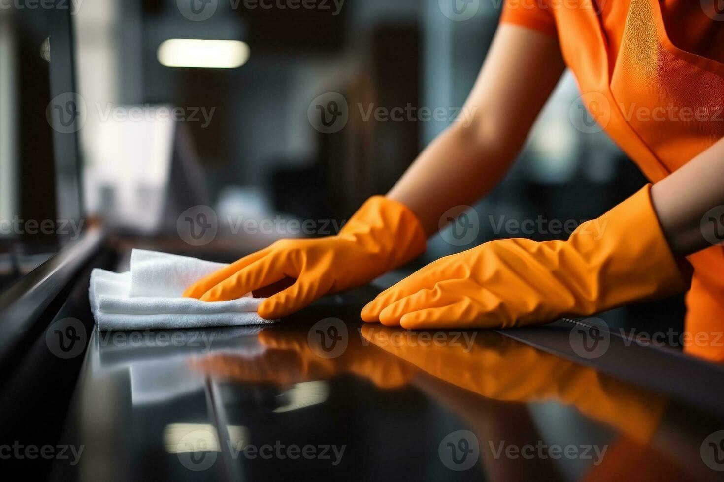 AI generated Close up Hands wearing orange rubber gloves cleaning the work desk. Generative AI photo