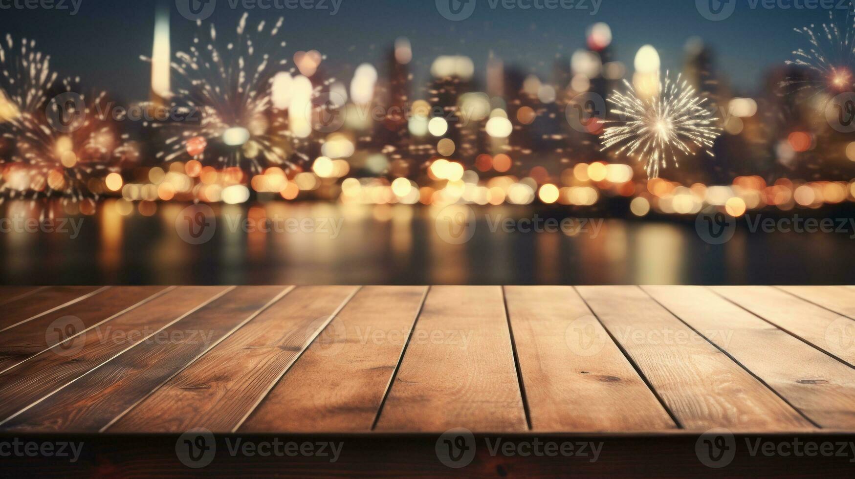 AI generated Empty wooden table with blurred background with a city with fireworks on New Year. Generative AI photo