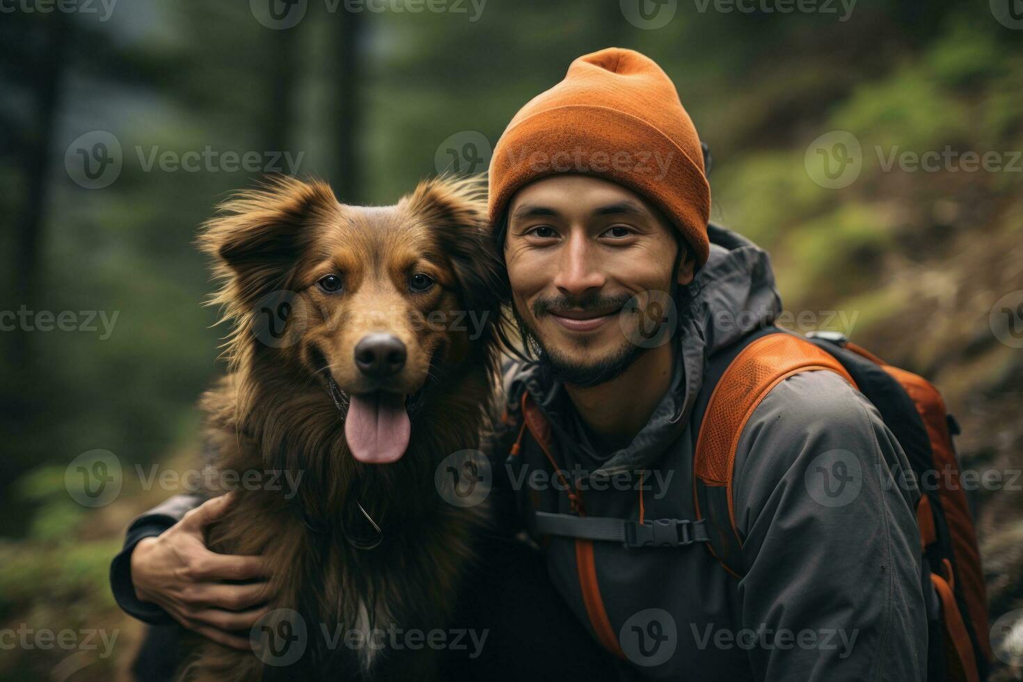 AI generated Trail runner and his beloved dog. Generative AI photo