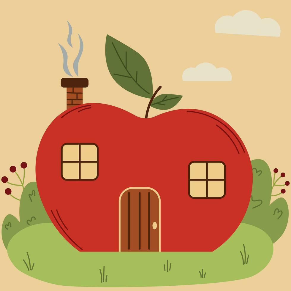 Fairytale apple shaped house, cute cartoon house, house vector illustration