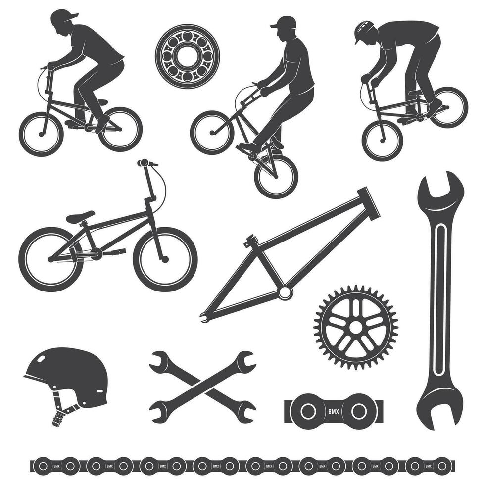Set of bmx cyclist and bicycle equipment icon. Vector. Set include bmx cyclist performing a trick and equipment silhouette isolated on the white background. vector