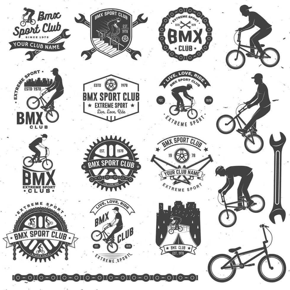 Set of bmx extreme sport club badge. Vector. Concept for shirt, logo, print, stamp, tee with man ride on a sport bicycle. Vintage typography design with bmx cyclist, bmx sprocket and chain silhouette vector