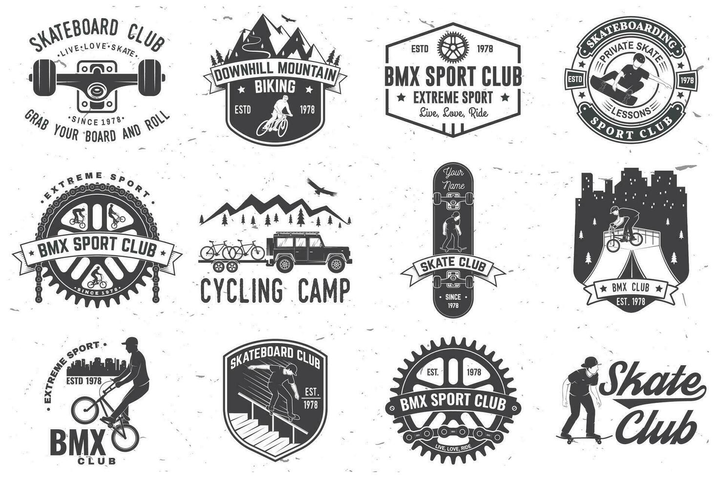 Set of bmx, skateboard and mtb extreme sport club badge. Vector. Concept for shirt, logo, print, stamp, tee with man ride on a sport bicycle, skateboard and bmx. Extreme sport club badge vector