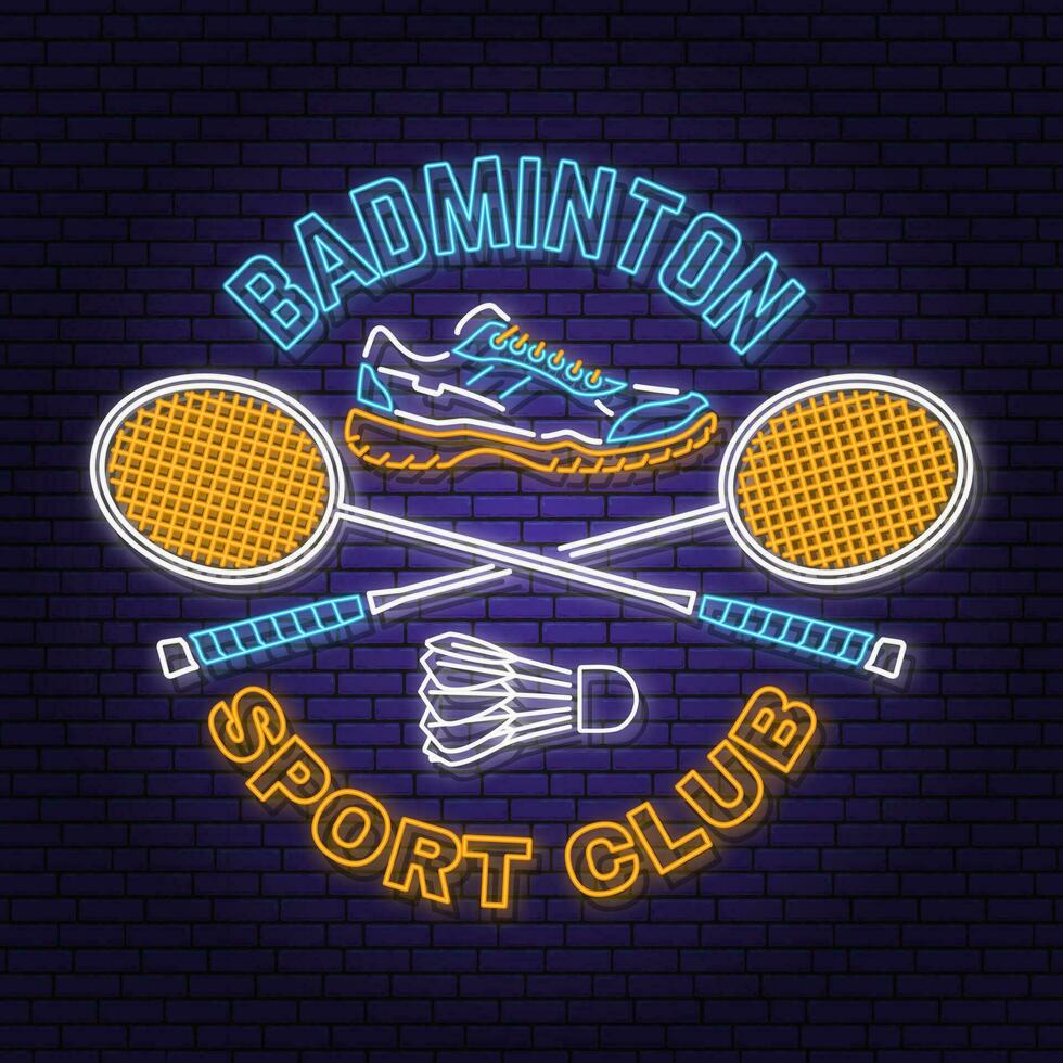 Badminton sport neon emblem, logo. Vector illustration. Vintage badminton label with sports shoe, racket and shuttlecock silhouettes. Concept for shirt or logo, print, stamp or tee.