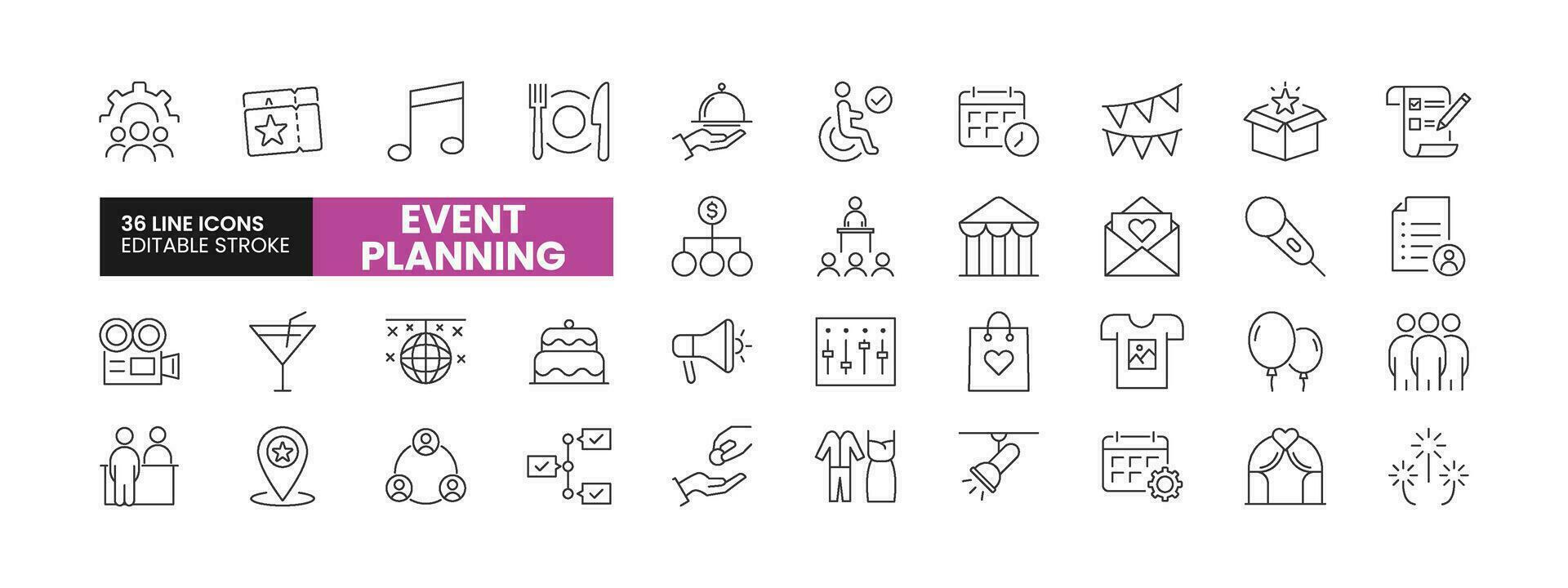 Set of 36 Event Planning line icons set. Event Planning outline icons with editable stroke collection. Includes Tickets, Fireworks, Filming, Budget, Gifts, and More. vector