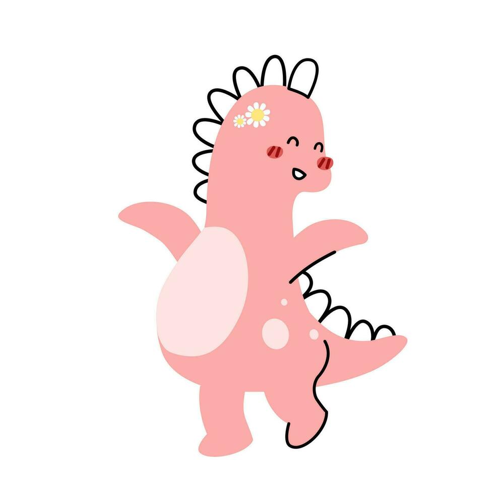 A cute pink dinosaur cartoon character flat vector illustration isolated on white background. Girly dino cute character for kids. Cute animal for kids T-shirt, scrapbook, pattern.