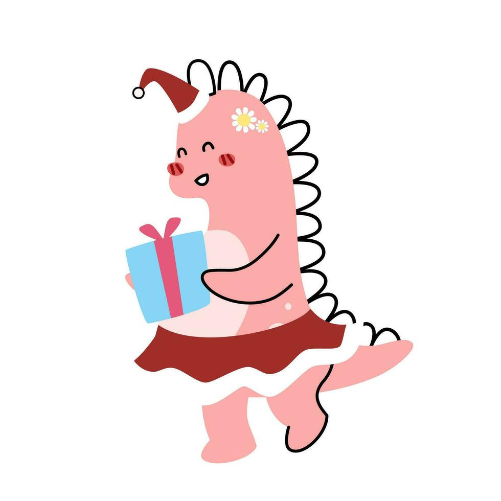 A cute pink dinosaur in Christmas costume cartoon character flat vector illustration isolated on white background. Girly dino cute character for kids. Merry Christmas and Happy new year