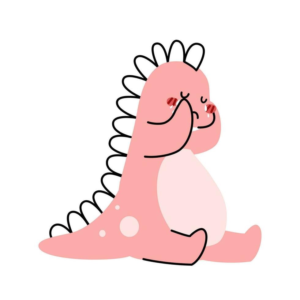 A cute crying pink dinosaur cartoon character flat vector illustration isolated on white background. Girly dino cute character for kids. Cute animal for kids T-shirt, scrapbook, pattern.