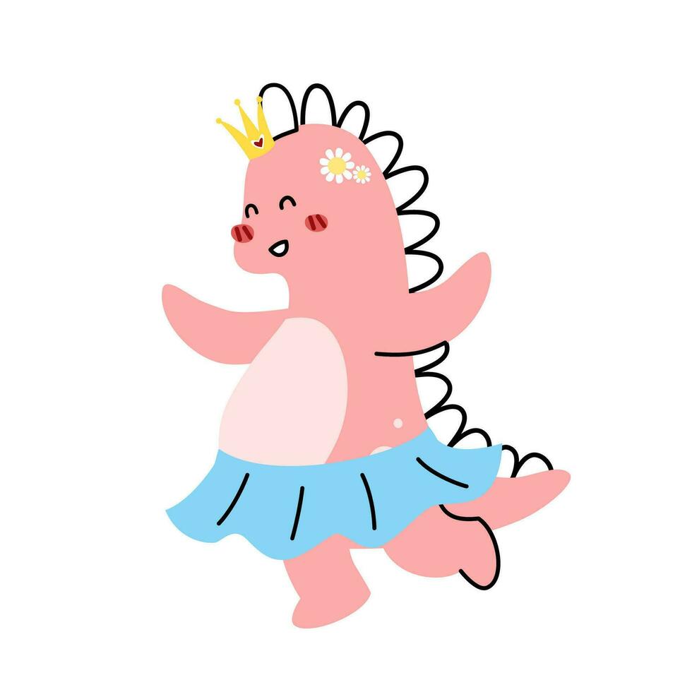 un linda rosado princesa dinosaurio dibujos animados personaje plano vector ilustración aislado en blanco antecedentes. femenino dino linda personaje para niños. linda animal para niños camiseta, álbum de recortes, modelo.