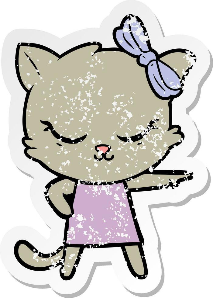 distressed sticker of a cute cartoon cat with bow vector