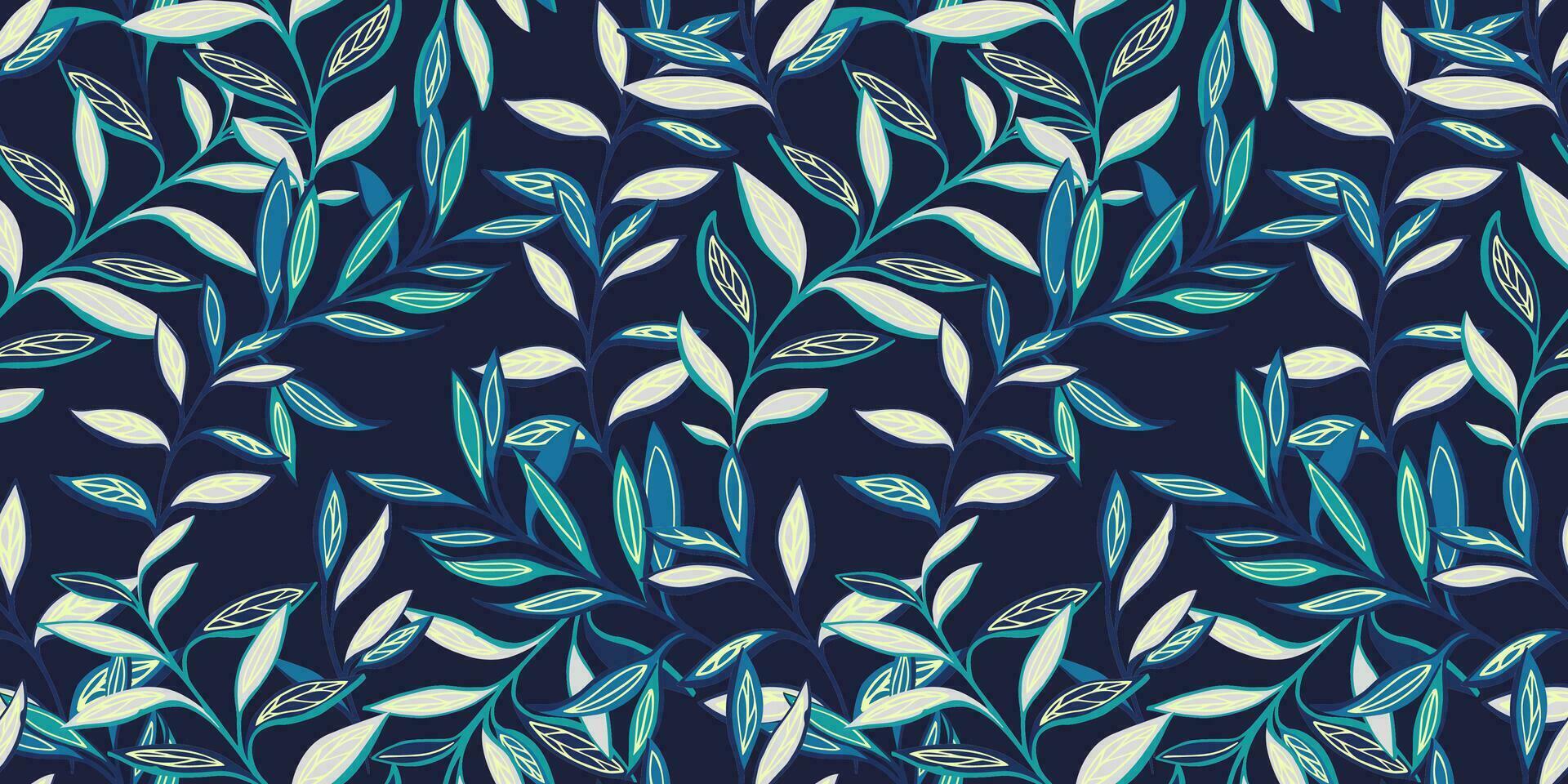 Abstract creative leaves stem intertwined in a seamless pattern. Modern stylized tropical botanical print. Dark blue leaf branches on a black background. Vector hand drawn sketch. Template for fabric