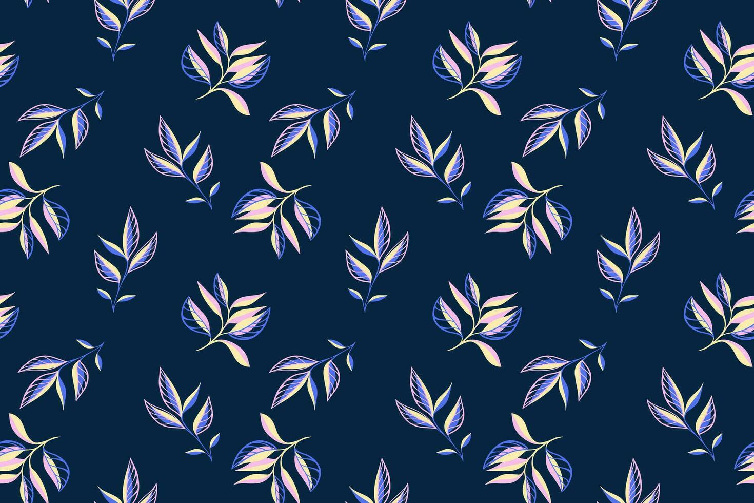 Seamless creative tiny abstract branches leaves pattern. Vector hand drawn.  Retro stems leaf on a dark blue background. Template for textile, fashion, fabric, wallpaper