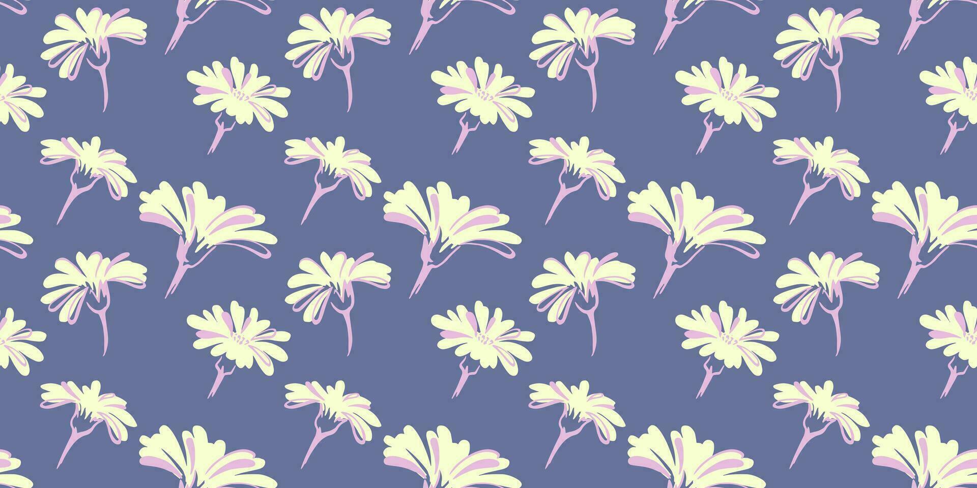 Retro summer pattern with creative simple buds flowers on a pastel blue background. Vector hand drawn  sketch. Ditsy floral. Design for fashion, fabric, wallpaper.