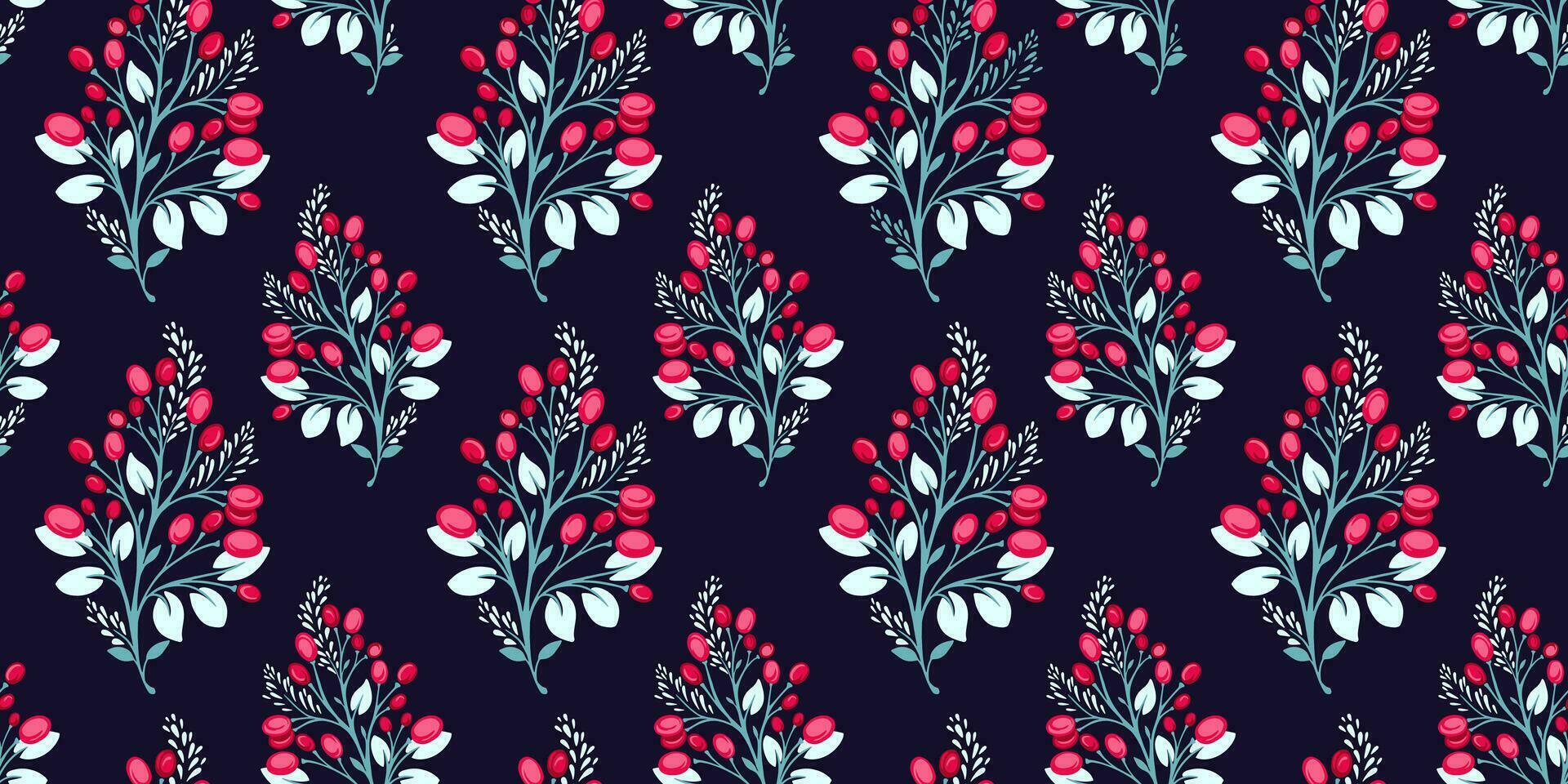 Seamless creative floral beautiful pattern on a dark background. Vector hand drawn.  Abstract colored decorative branches leaves with berries, drops. Template for design, fabric, fashion