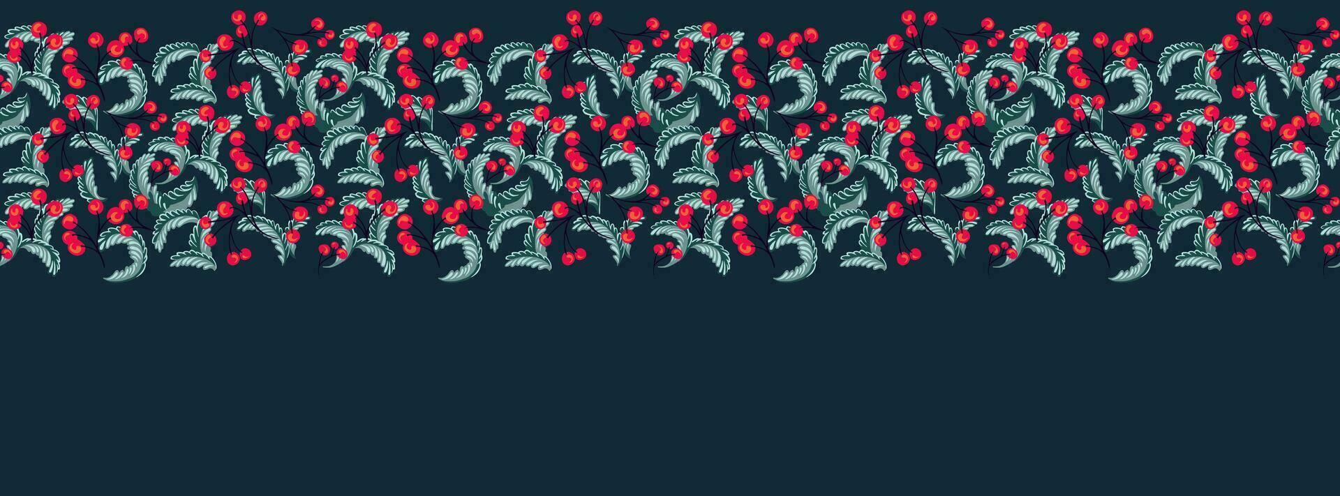 Horizontal Christmas, Holiday border with copy space. Vector hand drawn stylized branches and red berries. Suitable for email header, post in social networks, advertising, events and page cover