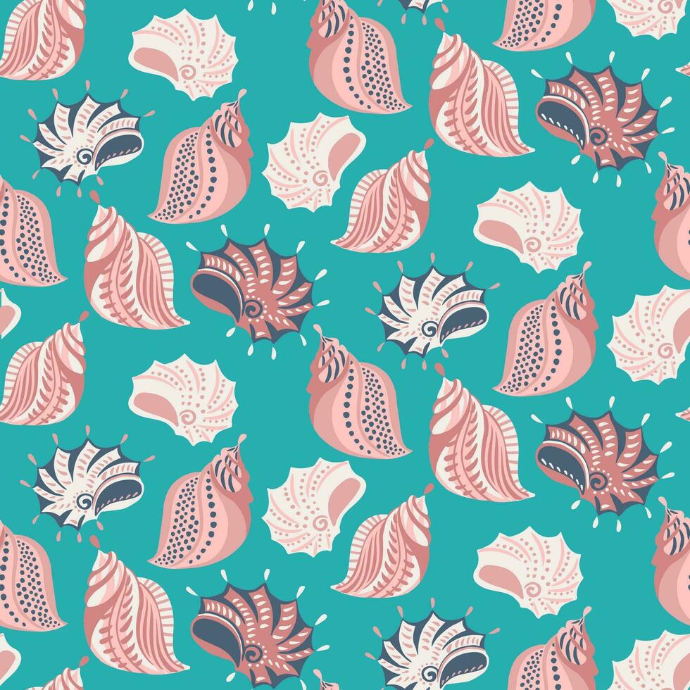 Trendy Sea seamless pattern with pastel seashells. Marine bright print.  Vector doodle hand drawn sketch. Retro summer background. Design for fashion, textile, fabric, wallpaper