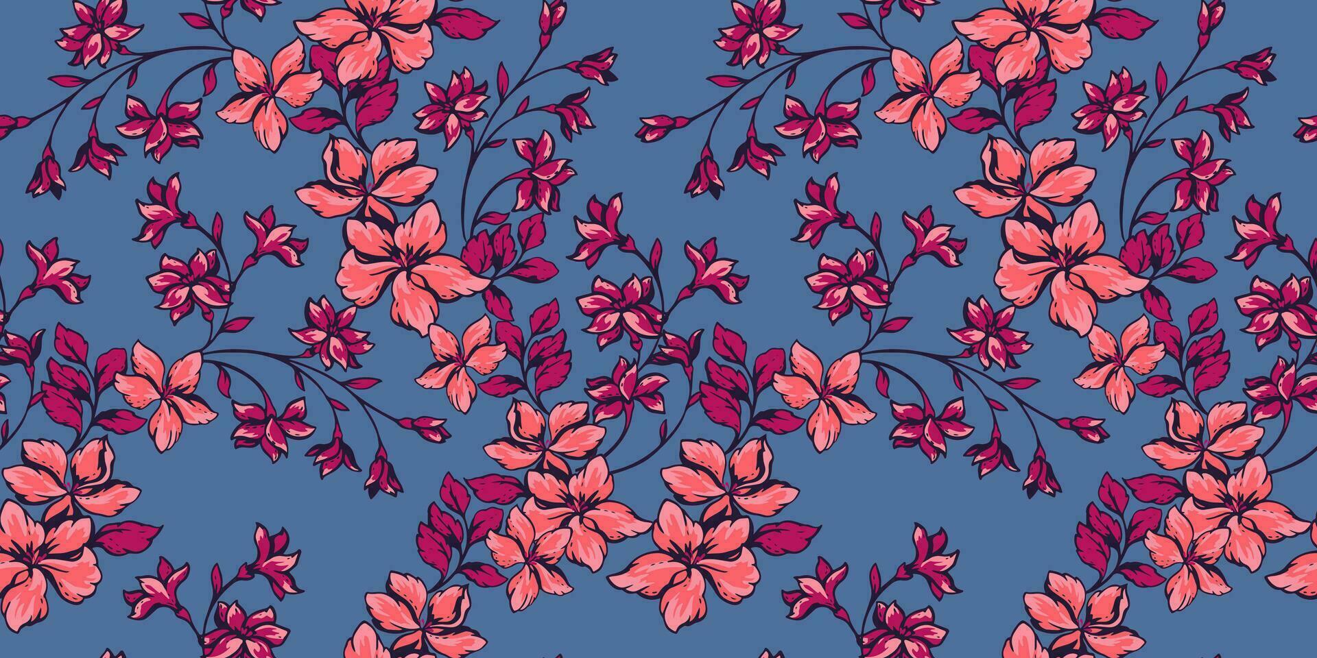 Beautiful seamless illustration of a wild blooming floral pattern on a blue back. Eleagant, femenive bright flowers, branches leaves print. Vector hand drawn. Template for design, fashion, fabric