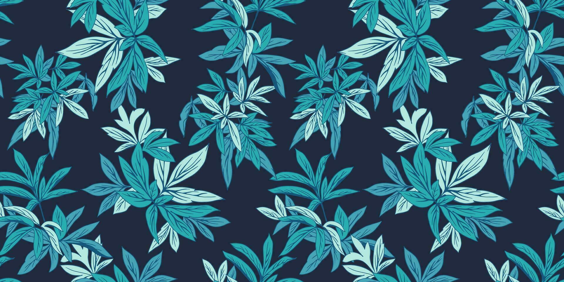 Beautiful bright blue tropical branches leaves intertwined in a seamless pattern. Vector hand drawn. Abstract, artistic leaf stems on a dark back print. Botanical illustration. Design for fashion
