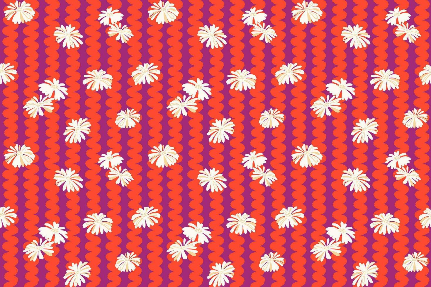 Trendy vibrant seamless pattern with abstract flat flowers and red purple line wave. Vector hand drawn sketch doodle. Simple, retro background with weave striped. Design for fashion, fabric,