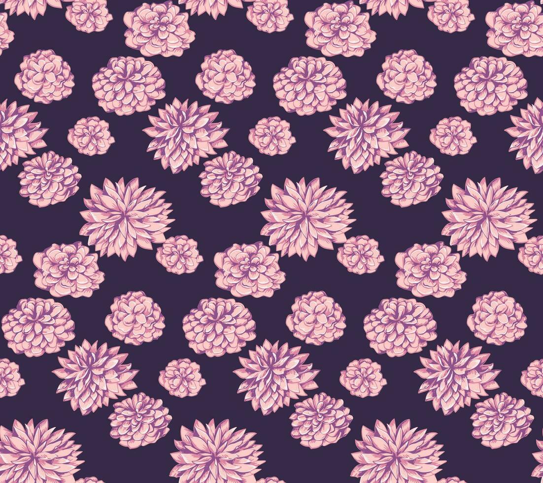 Seamless pattern with vector hand drawn  abstract flowers peonies, dahlies. Retro ditsy pink floral print on a dark background. Template for design, textile, fashion, print, fabric, wallpaper