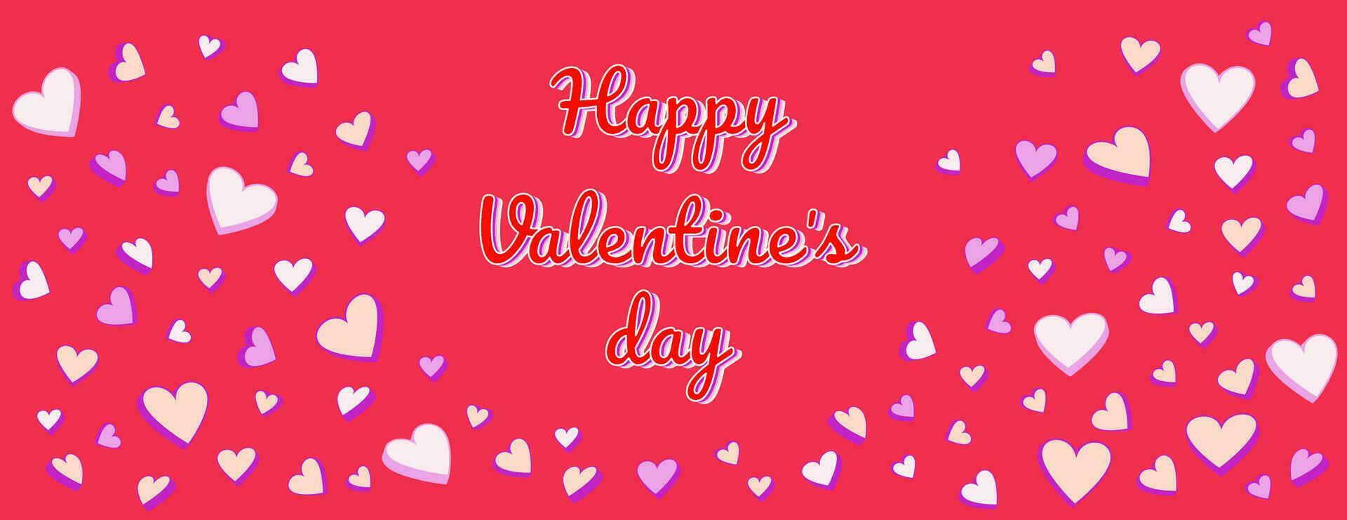 Bright red banner happy Valentines day.  Background with set vector creative cute simple hearts. Horizontal  border with copy space. Suitable for email header, post in social networks, advertising,