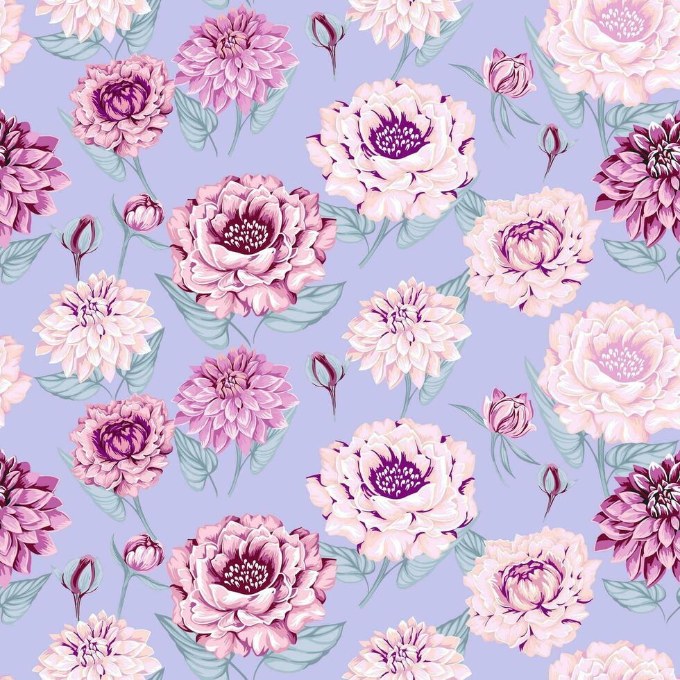 Seamless vector hand drawn pattern of flowers peonies, dahlias with leaves. Artistic, feminine, pastel floral on a blue background print.  Design for textile, fashion, fabric, wallpaper