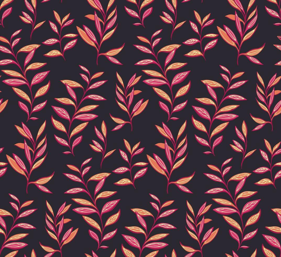 Seamless pattern with abstract, creative, colorful leaves stem.  Burgundy foliage, leaf branches on a black background. Vector hand drawn sketch. Design for fabric, fashion, wallpaper, print