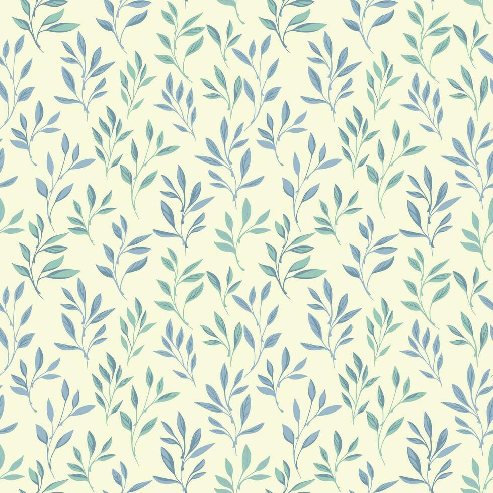 Elegant tiny leaves stem seamless pattern on a light background. Vector hand drawn sketch. Monotone vintage branches leaf print. Template for design, textile, fashion, surface design, fabric
