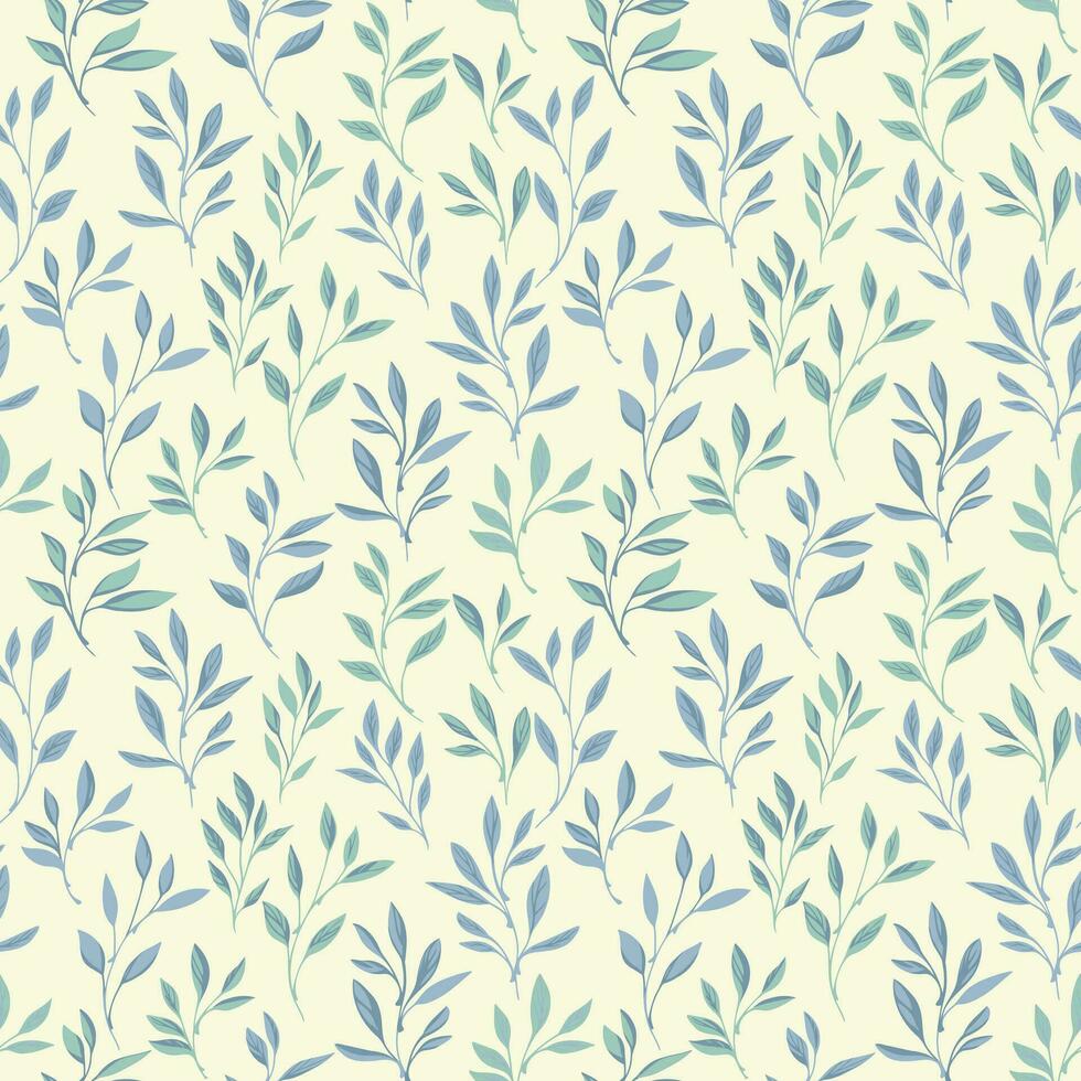 Elegant tiny leaves stem seamless pattern on a light background. Vector hand drawn sketch. Monotone vintage branches leaf print. Template for design, textile, fashion, surface design, fabric