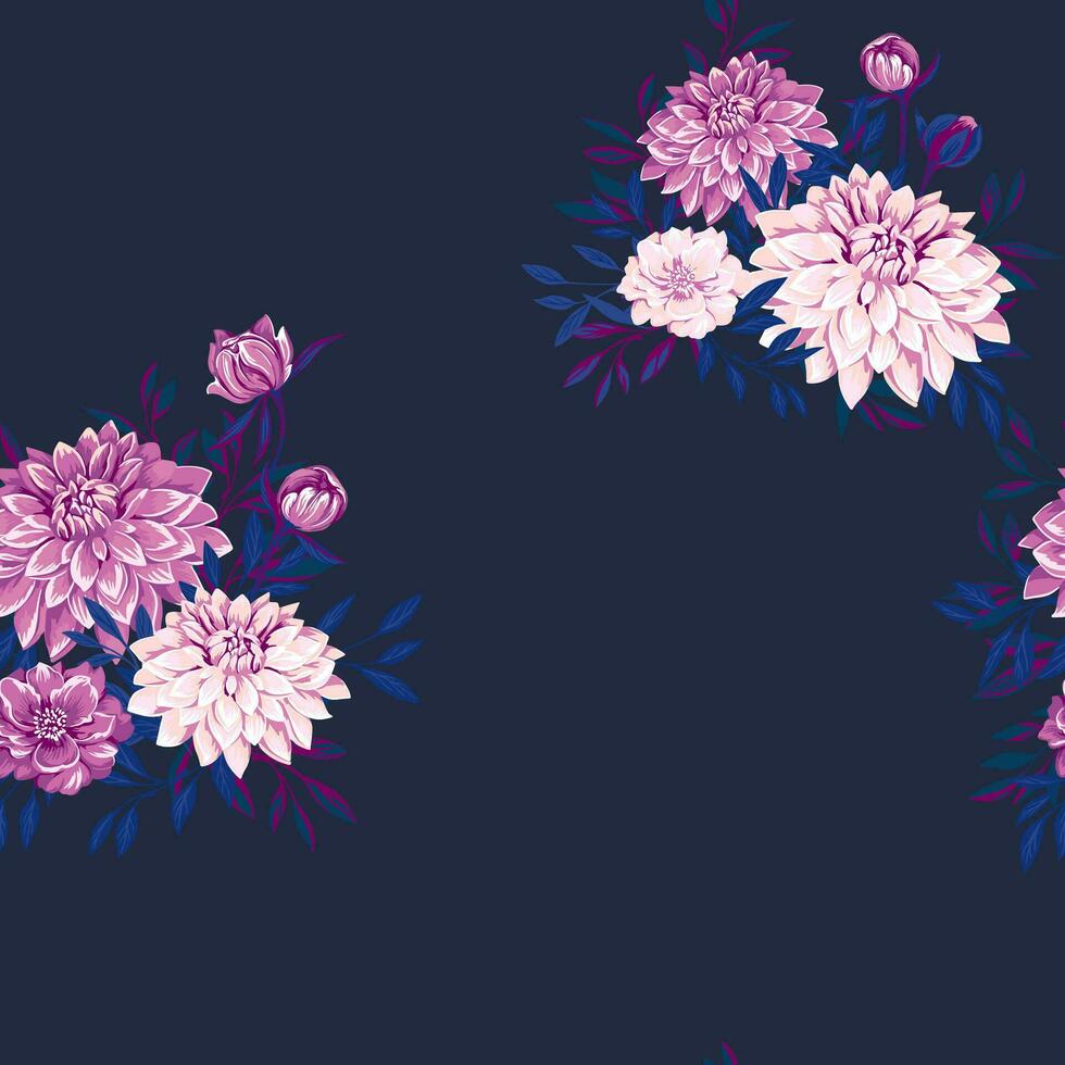 Seamless pattern with bouquets of flowers peonies, dahlia and leaves. Vector hand drawn. Abstract, artistic, feminine, retro floral background print. Template for design, fashion, fabric, wallpaper