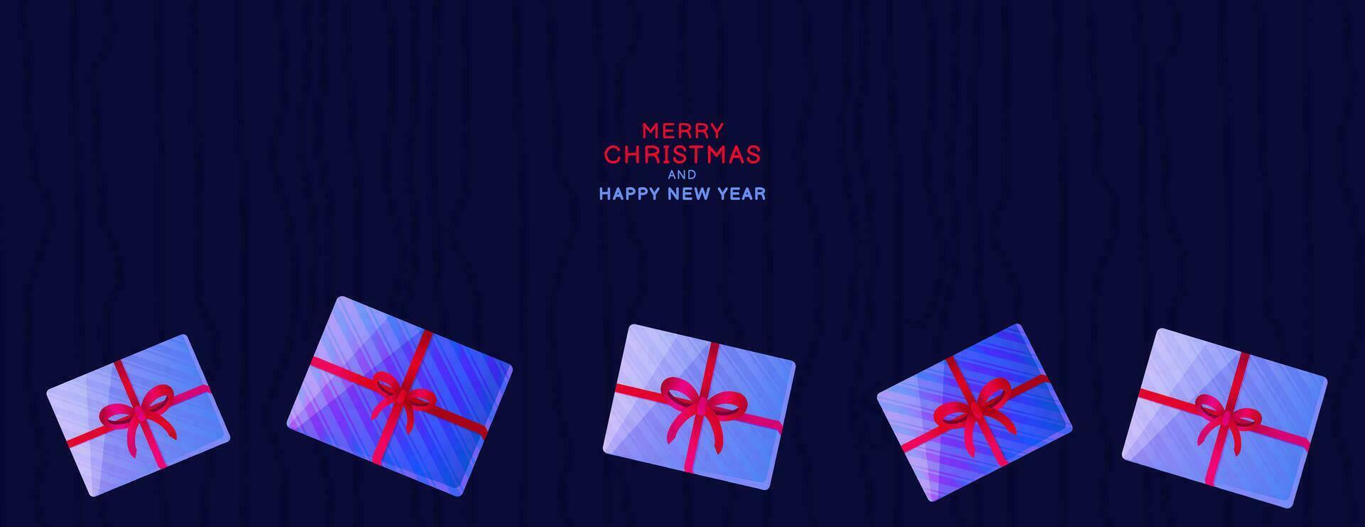 Horizontal  banner Merry Christmas and Happy New year background. Vector gift box with bow on dark background. Suitable for email header, post in social networks, advertising, events and page cover,