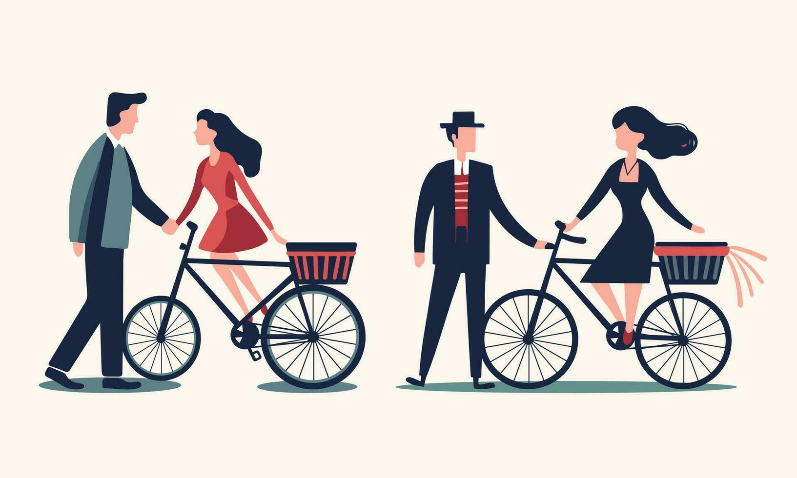 Set of romantic vector couples in love and bike. Valentines day design flat style. Romantic vector icon. Vintage style.