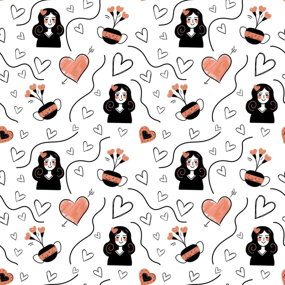 Doodle pattern in trendy color with romantic girl and hearts. Valentine day seamless vector background. Hand drawn