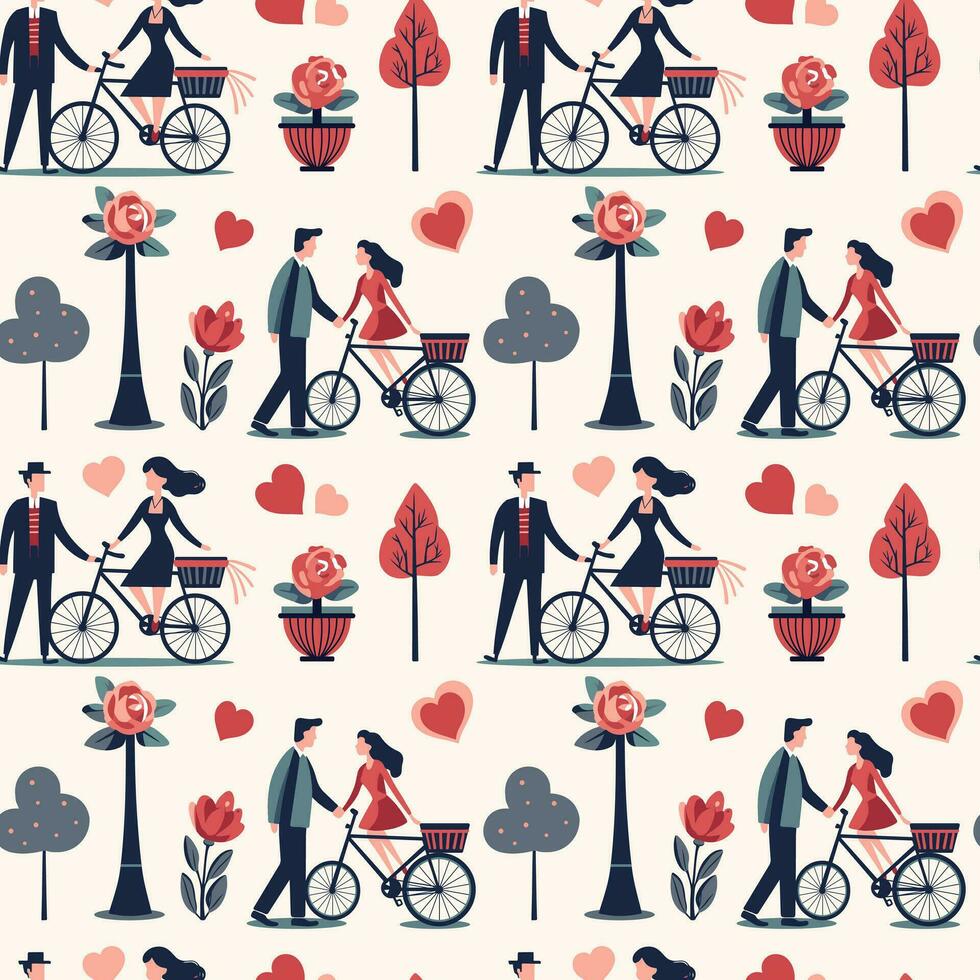 Couple in love and bouquets seamless vector background. Valentine's Day pattern. Heart shapes and romantic flowers.