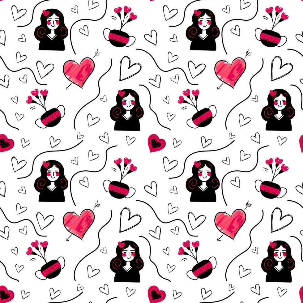 Doodle background with romantic girl and hearts. Valentine day seamless vector pattern. Hand drawn love elements.