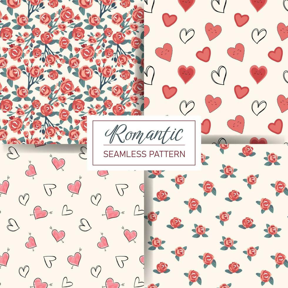 Set of seamless love pattern with hearts, roses, Valentine's day elements. Vector backgrounds.