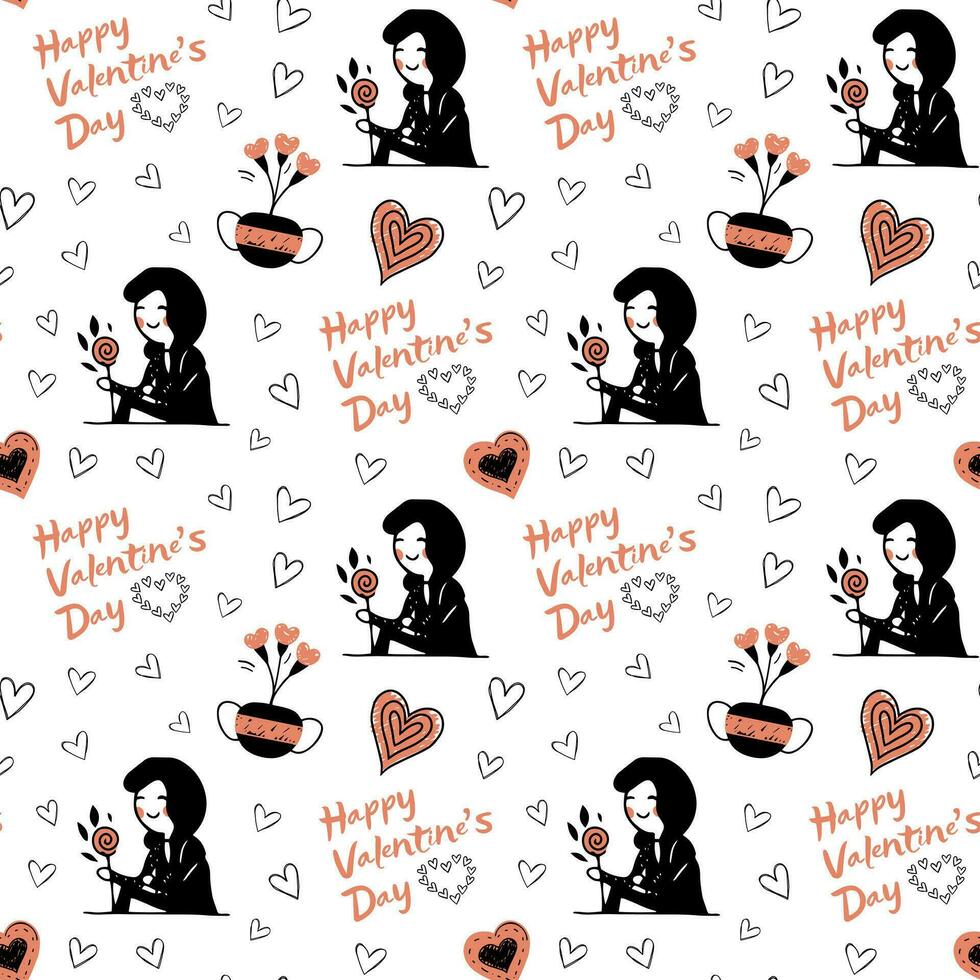 Doodle background with romantic girl and text. Valentine day seamless vector pattern in trendy color. Hand drawn