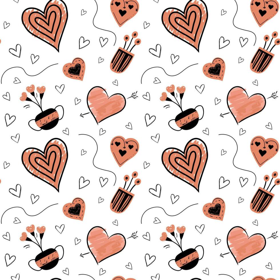 Doodle background flowers and hearts in trendy color. Valentine day seamless vector pattern. Hand drawn elements.