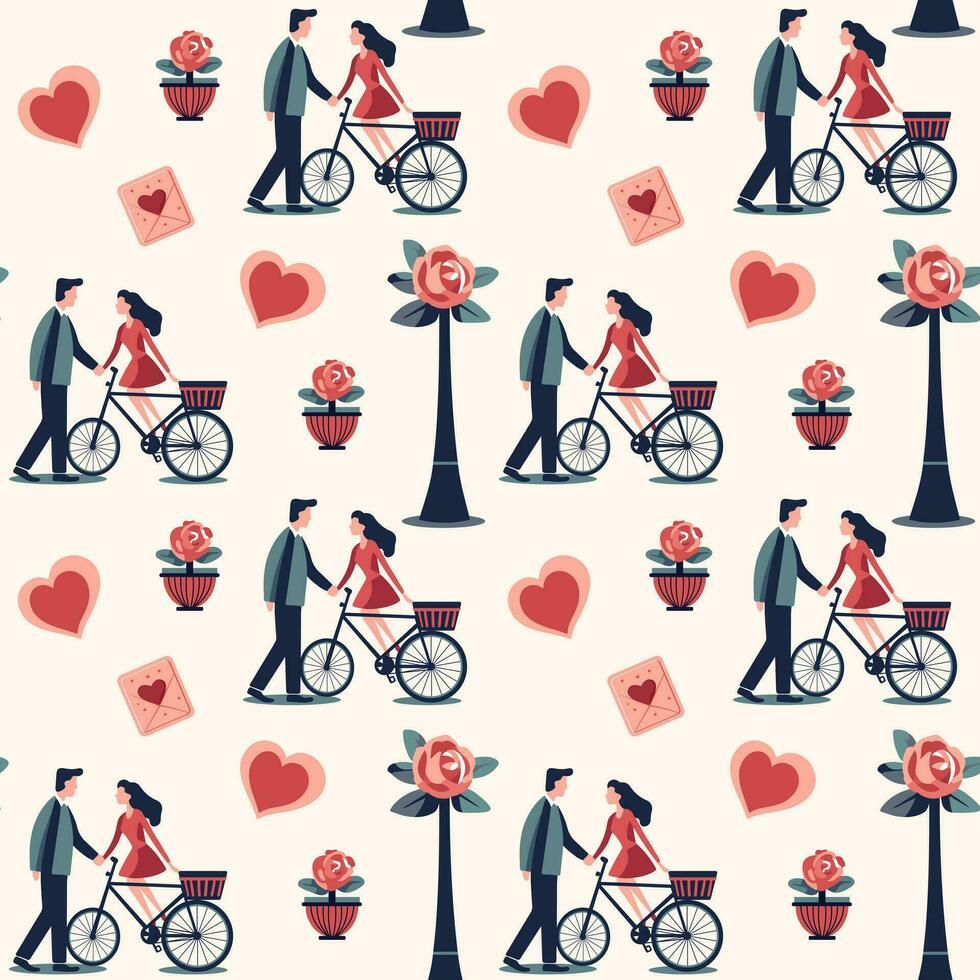 Valentine's Day background. Heart shapes and romantic couple. Love bouquets seamless vector pattern.