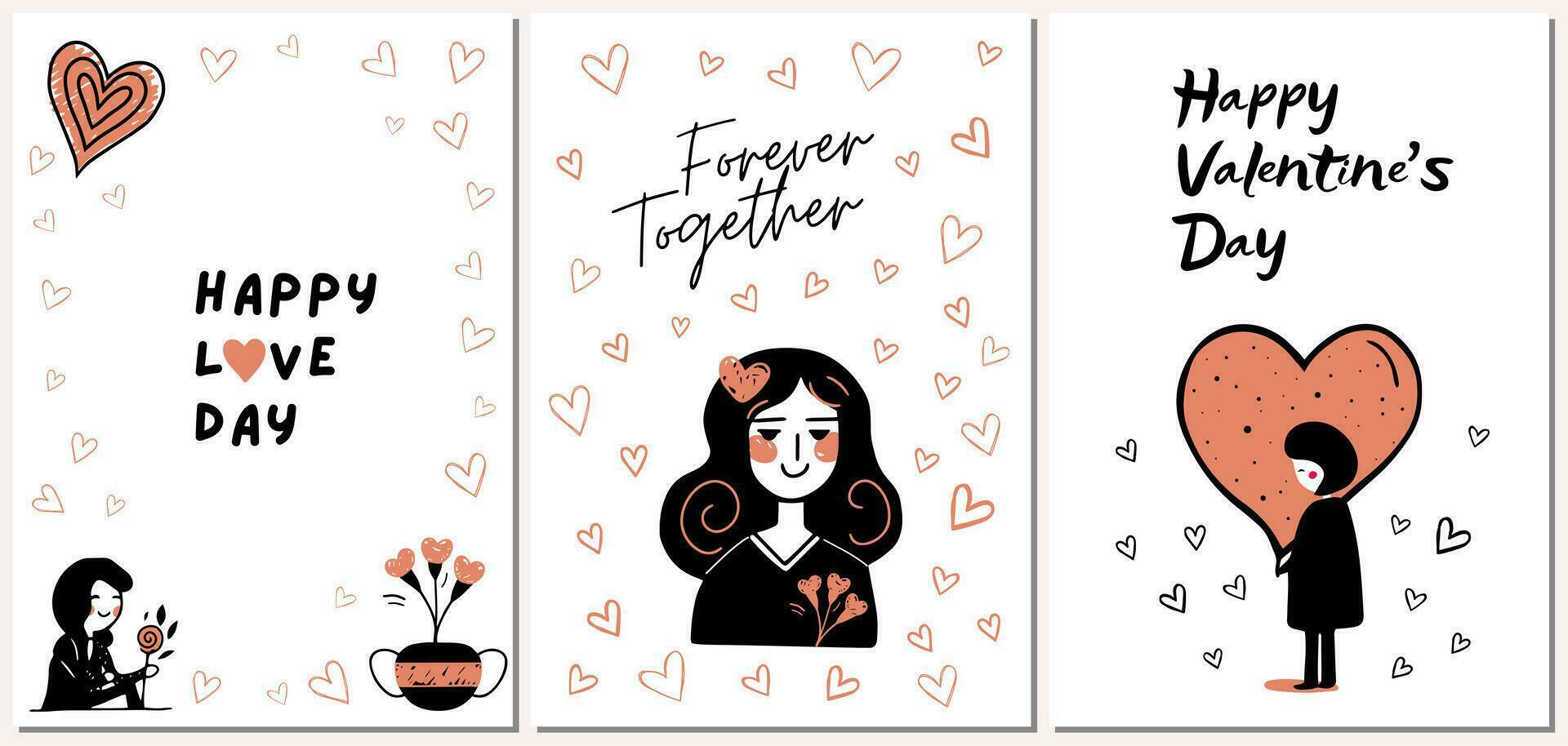 Set of Valentine's day doodle frames. Minimalistic backgrounds with girl, hearts, flowers. Love concept cards vector