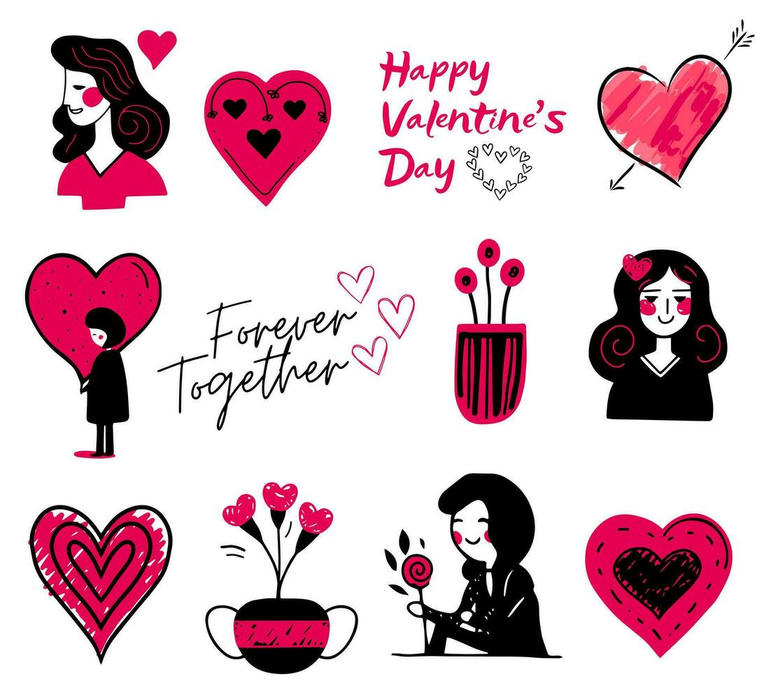 Valentines day doodle set, romantic design for cards, posters, banners. Hand drawn vector elements.