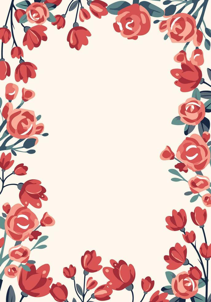 Vector frame with roses. Valentine's day concept poster in flat style. Banner or greeting card with red flowers