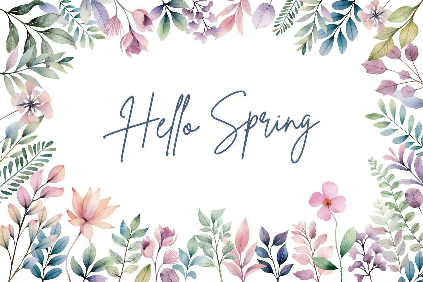 Botanical watercolor frame. Hello spring background. Watercolor plants template, invitations, cards, pastel colors vector