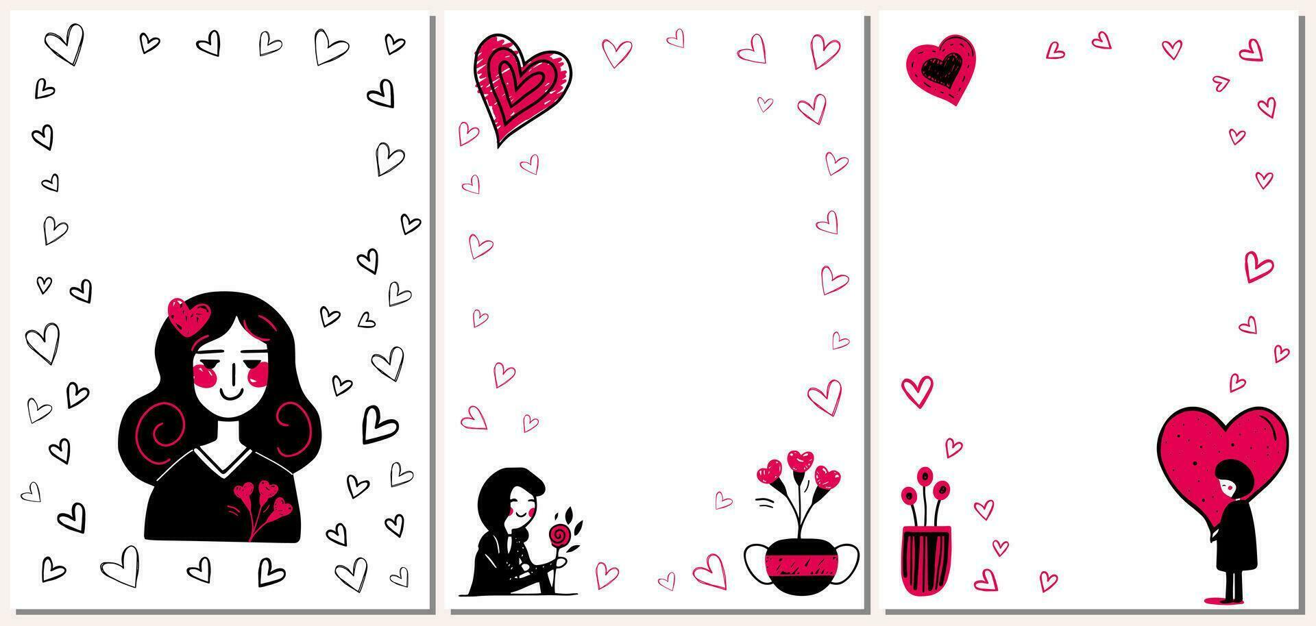 conjunto de San Valentín día garabatear marcos minimalista antecedentes con chica, corazones, flores amor concepto tarjetas vector