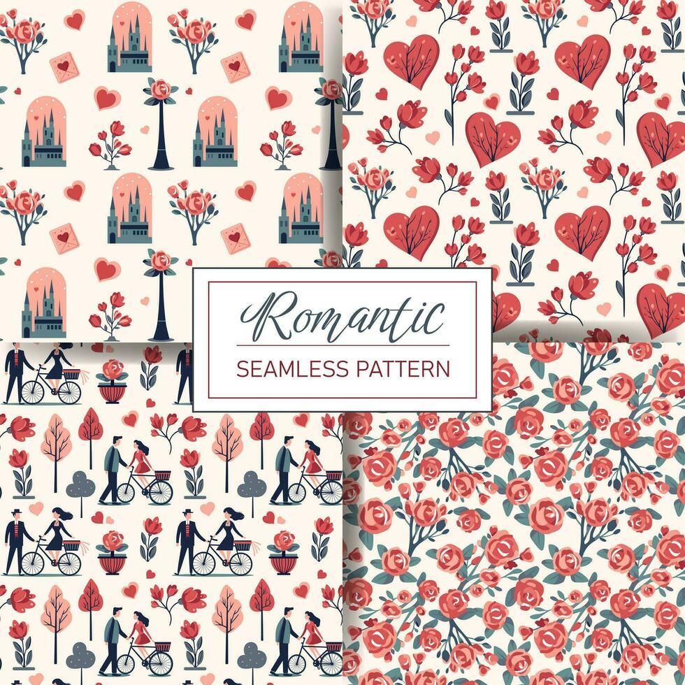 Set of seamless love patterns with hearts, roses, couple, Valentine's day elements. Vector backgrounds.