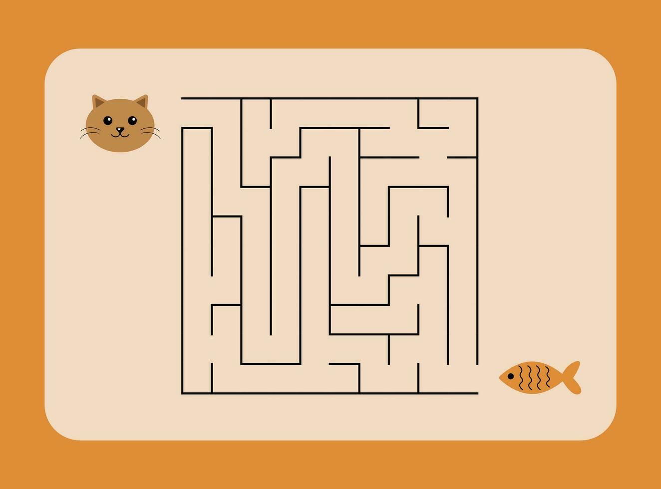 Maze game, worksheet for kids, cat and fish on an orange background, vector. vector