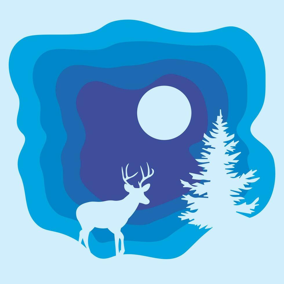 Background design with winter paper cut composition with deer and pine trees vector