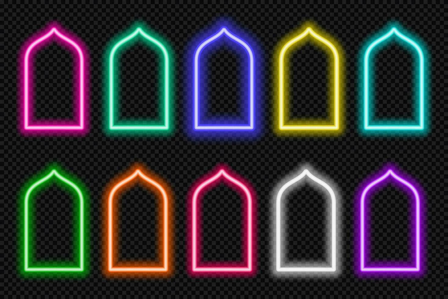 Neon shape Islamic door and window silhouette Glowing arabic arch. Collection of light portal in oriental style. Frames in Arabic Muslim design for Ramadan Kareem. Vector mosque gate shape.