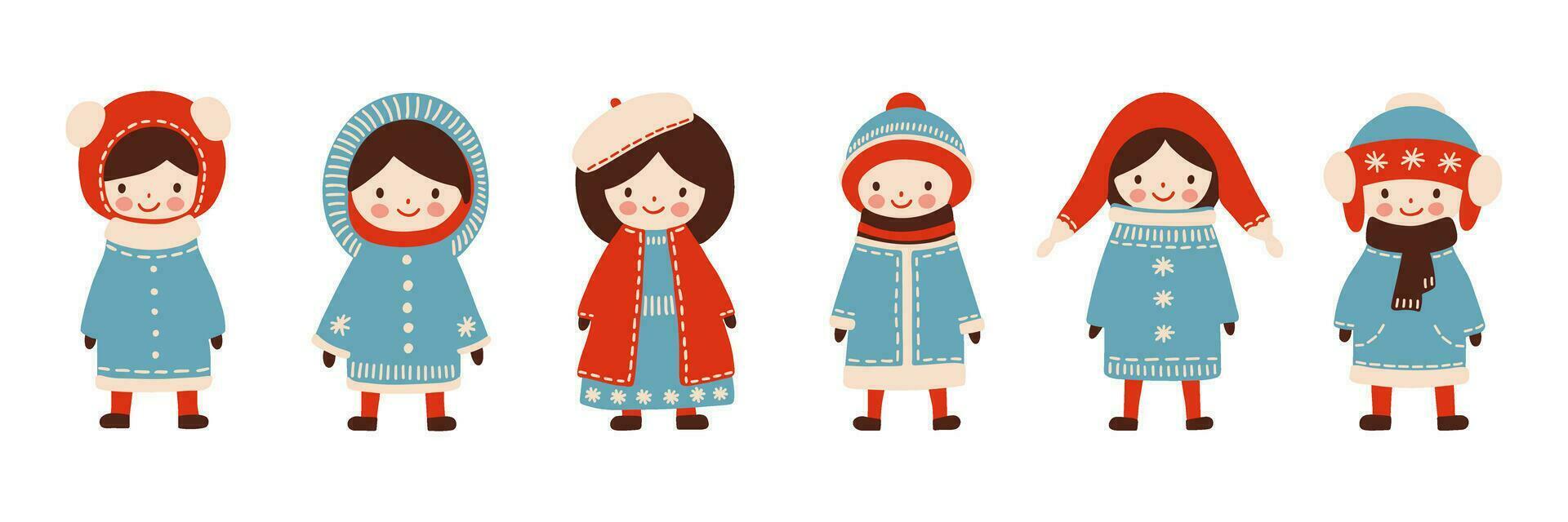 Kids in winter clothes - hat, scarf, coat in Scandinavian simple retro style. Vintage cartoon clipart for Christmas card, poster, flyer, print and pattern. Vector illustration on white background.