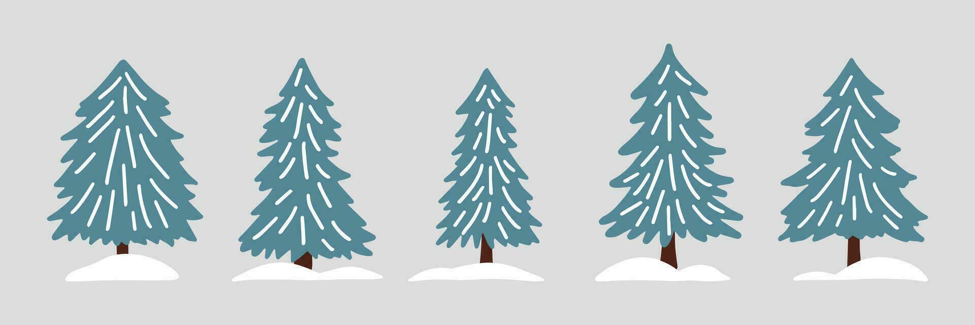 Winter fir tree set in Scandinavian simple retro style. Vintage hand drawn cartoon clipart for Christmas decoration, card, poster, flyer, print and pattern. Vector illustration.